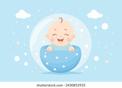 Layered Vector of a cute happy baby floating on baby blue background with moon in the back
