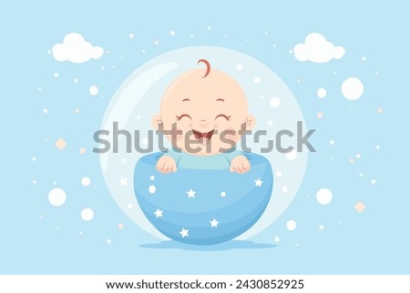 Layered Vector of a cute happy baby floating on baby blue background with moon in the back
