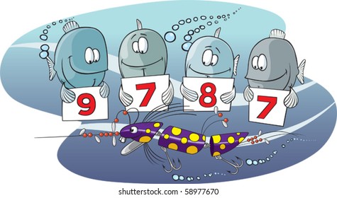 Layered vector file is available. Cartoon fish scoring a lure.