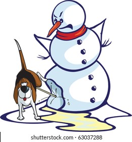 Layered vector file of a cartoon snowman and a relieved dog.
