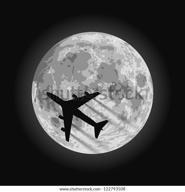 Layered vector illustration of Moon with a\
airplane silhouette.