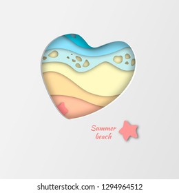 Layered vector illustration with sea waves and beach sand. Ocean shore paper cut design. Summer landscape in heart frame. Paper carved art