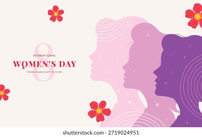 Ilustración vectorial en capas de tres perfiles de mujer en tonos de rosa y púrpura con flores rojas para el Día Internacional de la Mujer sobre un fondo beige.