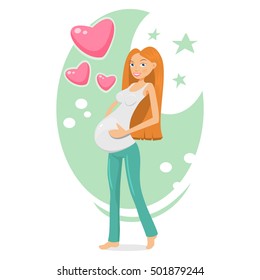 Layered vector illustration of a young pregnant girl holding her hands on her belly and loving her unborn baby. / Pregnant girl holding hands on her baby