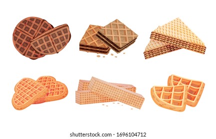 Layered Waffle or Wafer Desserts with Textured Surface Vector Set