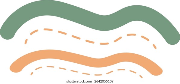 Layered wavy shapes in soothing green and warm orange hues, evoking the gentle rhythm and vibrancy of natural patterns in a clean, minimalist design.