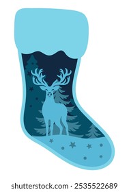 Layered winter scene arranged in a sock shape,Winter vector illustration, template for laser cutting 