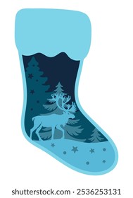 Layered winter scene arranged in a sock shape,Winter vector illustration, template for laser cutting 