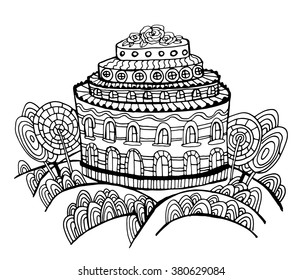 layered-cake house with trees from candy page coloring contour doodle vector illustration