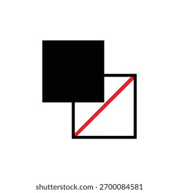 Ícone de conceito de camada e exclusão. Ele mostra dois quadrados sobrepostos - um preto sólido e um vazio com uma linha vermelha.
