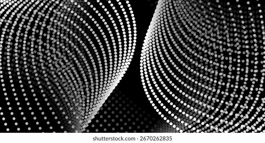Layers of abstract curved dotted lines in white over black background, creating a dynamic wave-like pattern, perfect for modern, minimal and futuristic design projects. Design template with copyspace