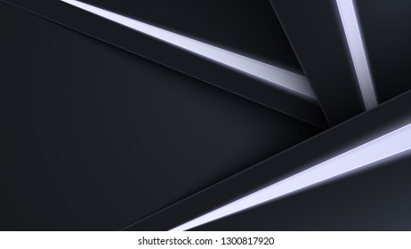 Layers of carbon triangles. Layout blank or card. Vector techno background from sheets of metal. Geometric shapes from cut paper. Shine lines and rays