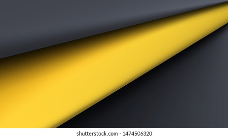 Layers of carbon triangles. Layout blank or card. Vector techno background from sheets of gray and yellow material. Geometric shapes from cut paper. Shine lines and.