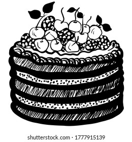 Layers cherries chocolate cake line art hand drawn vector illustration isolated on white background 