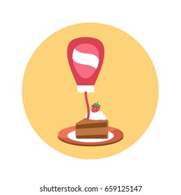layers chocolate cake piece flat design & one strawberry with Cherry or raspberry syrup on a whipped cream icon vector in a plate isolated cartoon. tasty & delicious dessert like a button for web