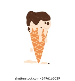 Layers of chocolate and vanilla ice cream melt and flow over wafer cone vector illustration