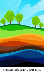 Layers Of The Earth Against The Sky. The Structure Of The Earth. Cartoon Scheme. Geology Scheme.