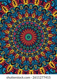 Layers of elaborate geometric and floral shapes surround a circular pattern in a vibrant, complex mandala design.
