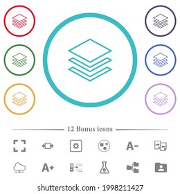 Layers flat color icons in circle shape outlines. 12 bonus icons included.