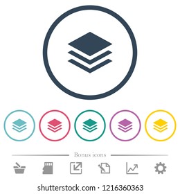 Layers flat color icons in round outlines. 6 bonus icons included.