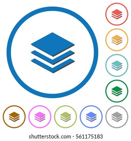 Layers flat color vector icons with shadows in round outlines on white background