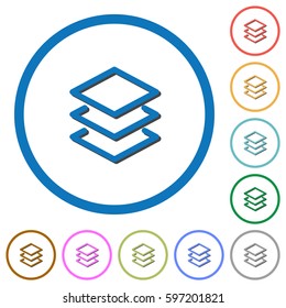 Layers flat color vector icons with shadows in round outlines on white background
