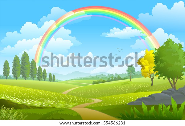 Layers of flowers over the vast meadows under a rainbow on a sunny day