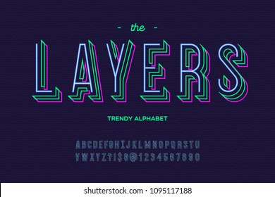 Layers font. Alphabet modern typography sans serif colorful line style for party poster, printing on fabric, t shirt, promotion, decoration, stamp, label, special offer. Vector Illustration 10 eps