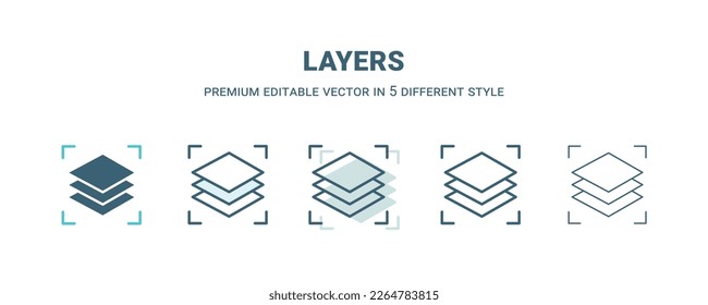 icono de capas de 5 estilos diferentes. Icono de contorno, relleno, dos colores, capas finas aisladas en fondo blanco. El vector modificable se puede usar web y móvil
