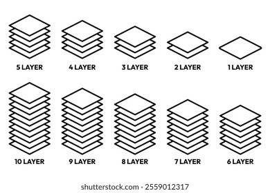 Layers icon set. Layer 1, 2, 3, 4, 5, 6, 7, 8, 9, 10. Logo layers, levels, tiers, sheets icons. Fabric floor layers symbol absorbent of material stack vector. Surface levels technology for business.