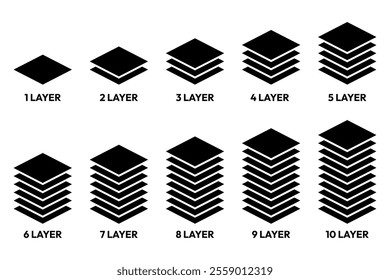 Layers icon set. Layer 1, 2, 3, 4, 5, 6, 7, 8, 9, 10. Logo layers, levels, tiers, sheets icons. Fabric floor layers symbol absorbent of material stack vector. Surface levels technology for business.