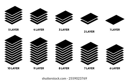 Layers icon set. Layer 1, 2, 3, 4, 5, 6, 7, 8, 9, 10. Logo layers, levels, tiers, sheets icons. Fabric floor layers symbol absorbent of material stack vector. Surface levels technology for business.