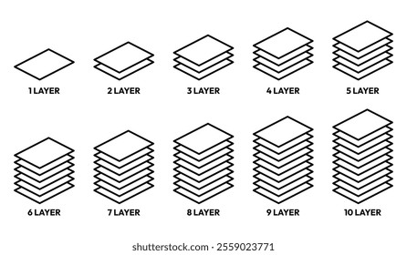 Layers icon set. Layer 1, 2, 3, 4, 5, 6, 7, 8, 9, 10. Logo layers, levels, tiers, sheets icons. Fabric floor layers symbol absorbent of material stack vector. Surface levels technology for business.