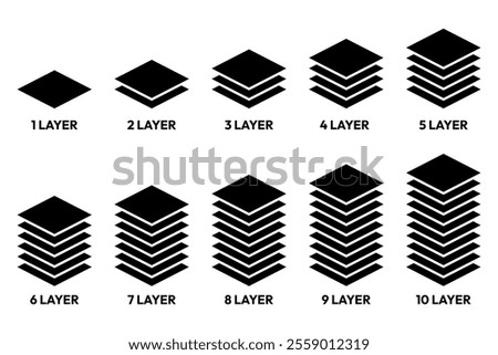 Layers icon set. Layer 1, 2, 3, 4, 5, 6, 7, 8, 9, 10. Logo layers, levels, tiers, sheets icons. Fabric floor layers symbol absorbent of material stack vector. Surface levels technology for business.