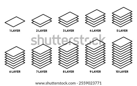 Layers icon set. Layer 1, 2, 3, 4, 5, 6, 7, 8, 9, 10. Logo layers, levels, tiers, sheets icons. Fabric floor layers symbol absorbent of material stack vector. Surface levels technology for business.