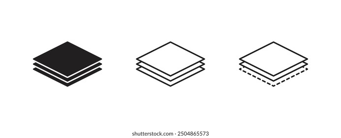 Ebenensymbolsatz. Logos von Papierlagen Linie und Ebenen, Ebenen für Web. Gewebeschichten. Symbole des Materialstapels. Vektor. Piktogramm für Oberflächenebenen, Technologie für Unternehmen.