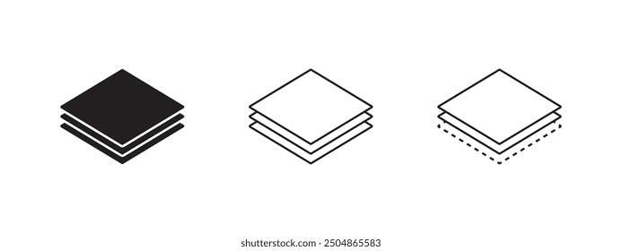 Ebenensymbolsatz. Logos von Papierlagen Linie und Ebenen, Ebenen für Web. Gewebeschichten. Symbole des Materialstapels. Vektor. Piktogramm für Oberflächenebenen, Technologie für Unternehmen.