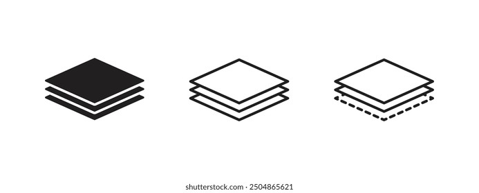 Ebenensymbolsatz. Logos von Papierlagen Linie und Ebenen, Ebenen für Web. Gewebeschichten. Symbole des Materialstapels. Vektor. Piktogramm für Oberflächenebenen, Technologie für Unternehmen.