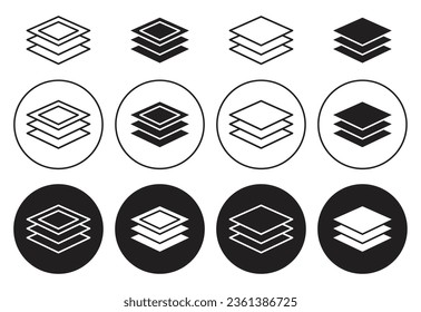 Juego de iconos de capas. símbolo vectorial de varios niveles de material de tela. 3 capas de fibra se identifican con un estilo relleno y delineado negro.