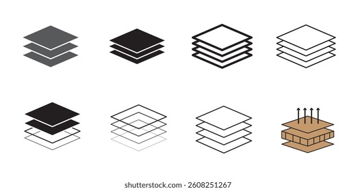 Layers icon set. multiple fabric material levels vector symbol. 3 fiber layers sign in black filled and outlined style.

