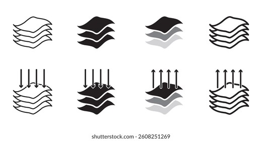 Layers icon set. multiple fabric material levels vector symbol. 3 fiber layers sign in black filled and outlined style.
