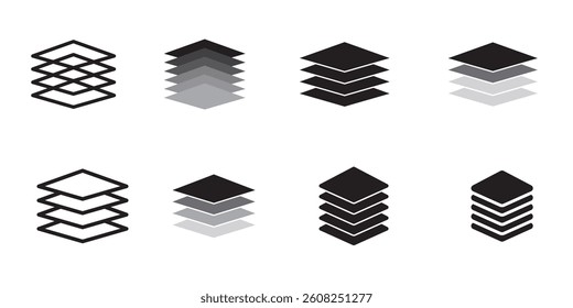 Layers icon set. multiple fabric material levels vector symbol. 3 fiber layers sign in black filled and outlined style.
