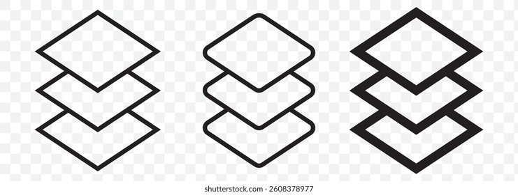 Layers icon set. multiple fabric material levels vector symbol. 3 fiber layers sign in black filled and outlined style on Transparent Background. EPS 10.