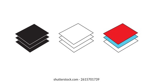 Layers icon set. Paper line and layer logos, layers for web. Flooring fabric layers. Material stack symbols. Vector. Surface layers pictogram, technology for business.