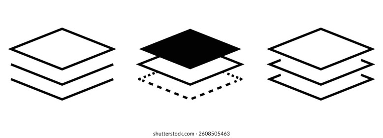 Layers icons collection. Icon of multiple layers in a composition. Layer stack illustration. Two, three four and five layers. flat style.