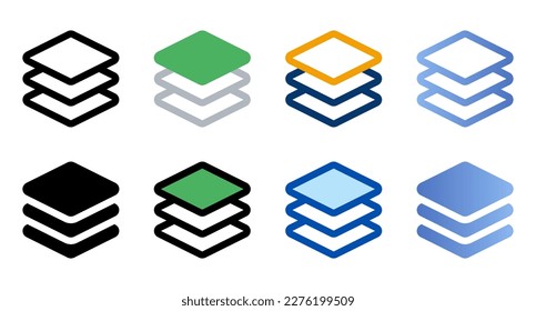 Layers icons in different style. Layers icons. Different style icons set. Vector illustration
