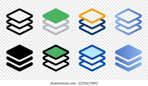 Layers-Symbole in verschiedenen Stilen. Ebenensymbole. Verschiedene Stilsymbole gesetzt. Vektorgrafik