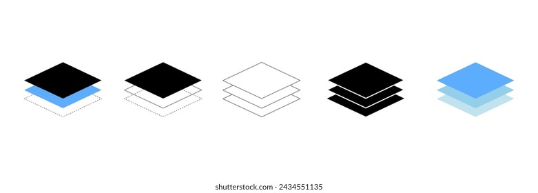 Layers icons set. Three level layer sign. Layers in different design and various positions. Vector design