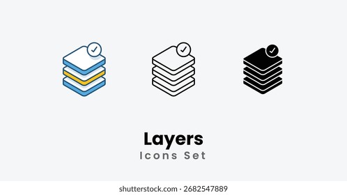 Ícones de camadas linha fina, Glifo preto, ícone de vetor de linha colorida ilustração de stock