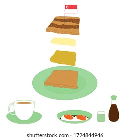 Layers of kaya toast isolated on white background with coffee, soft-boiled eggs, white pepper and soy sauce. Cartoon hand drawn Singaporean food and Asian food. Great for menu, poster design.